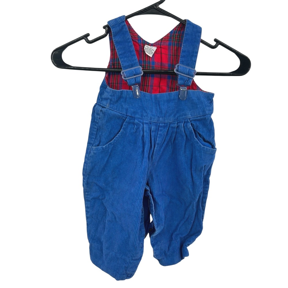 Vintage Baby Corduroy Overalls 12M Blue Suspender Pants Plaid Lined Classic
